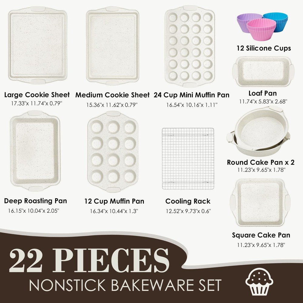 Baking Pans Set Nonstick, Stackable Bakeware Sets with Silicone 22PCS, Cream