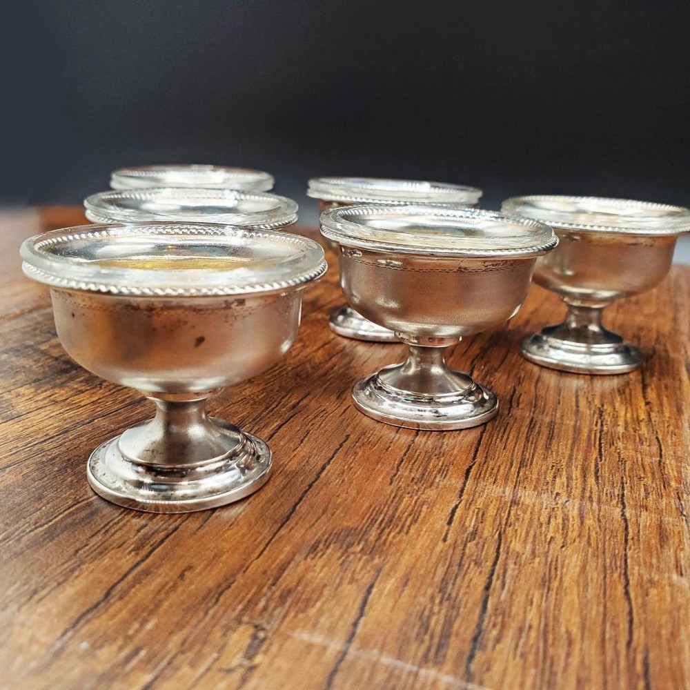 6 Tiny German 800 Silver Personal Salts Bead Edge Salt Cellar 1 3/8"