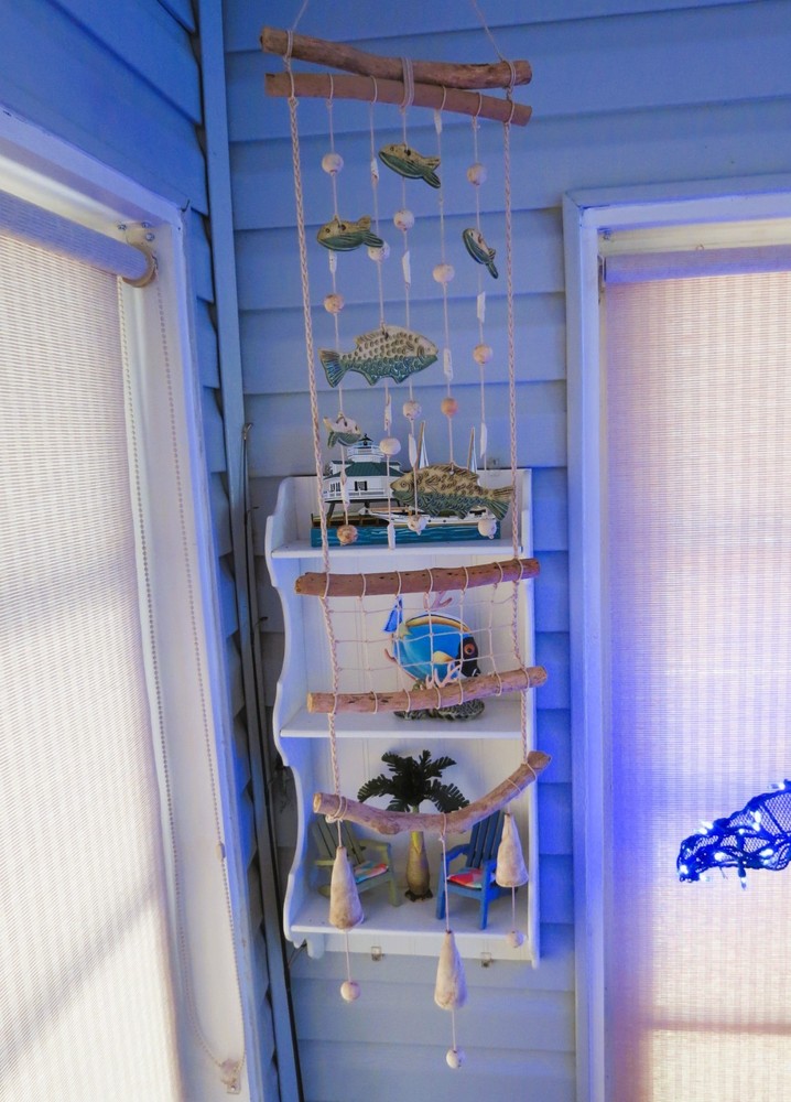 Ceramic Hanging Fish Mobile Decor Nautical Beach Wind Chime Driftwood Shells 44"