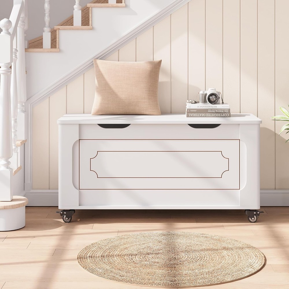 Versatile White Wood Storage Bench, Safety Hinge & Rounded Corner, 350lb Support