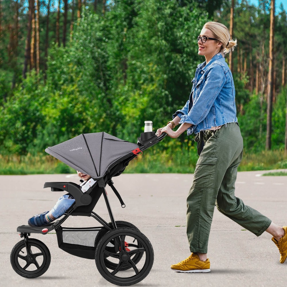 Jogging Stroller Foldable Jogger w/Adjustable Canopy Detachable Tray Cup Holders