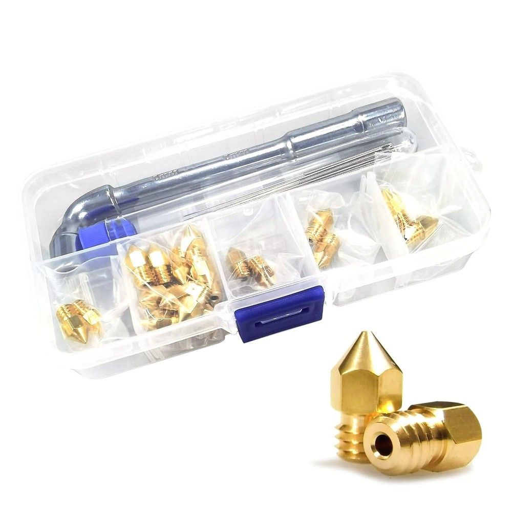 Complete 24-Piece MK8 Brass 3D Printer Nozzle Set - Easy Identification & Tools
