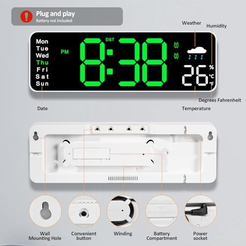 Digital Wall Clock, 12" Digital Clock with Temperature, Humidity,
