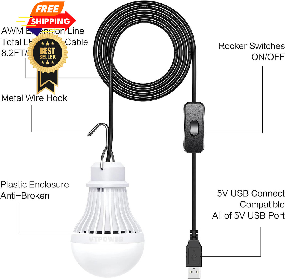 2 Pack USB Light Bulb, LED Camping Lantern, 8.2 ft Extra White