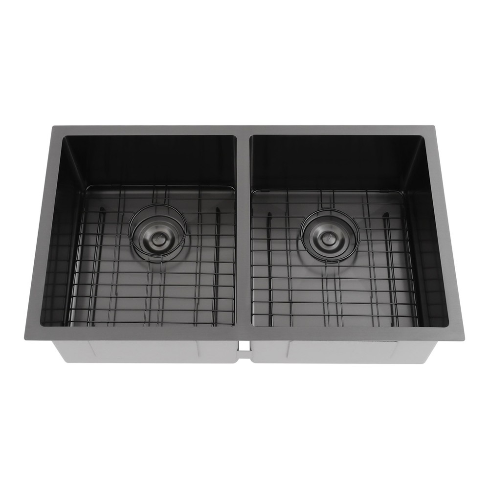 Double Bowl Sink Kitchen Sink Rectangular Stainless Steel Sink w/Grid & Drainer