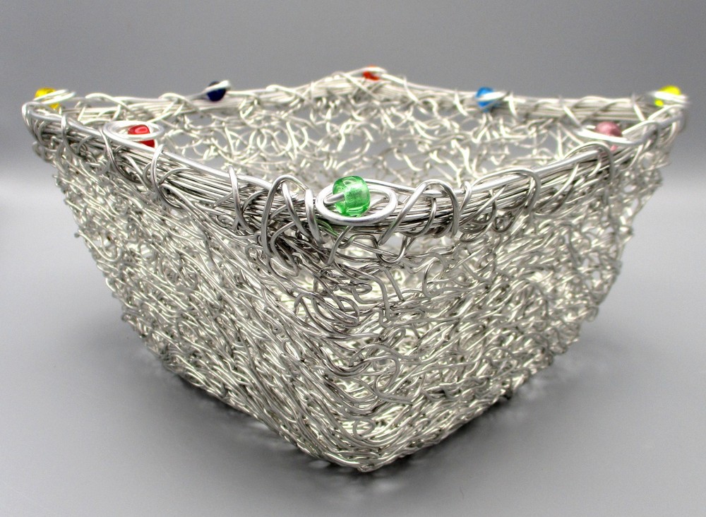 Decorative 8" Square x 4" High Wire Basket with Colored Beads