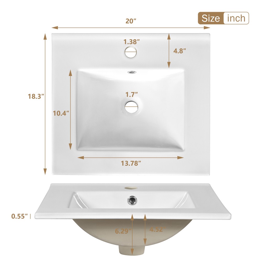 Modern 20" Bathroom Vanity with Ceramic Sink, Soft Close Door, Adjustable Shelf