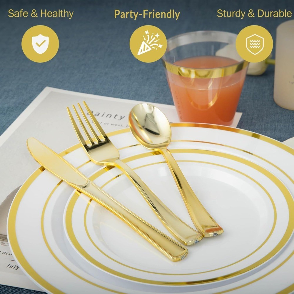 Disposable Plastic Plates Gold Dinnerware Set 600 PCS 100 Dinner Plates Dessert