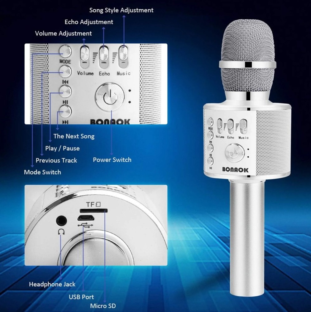 Bonaok Wireless Bluetooth Karaoke Microphone Portable Handheld Speaker