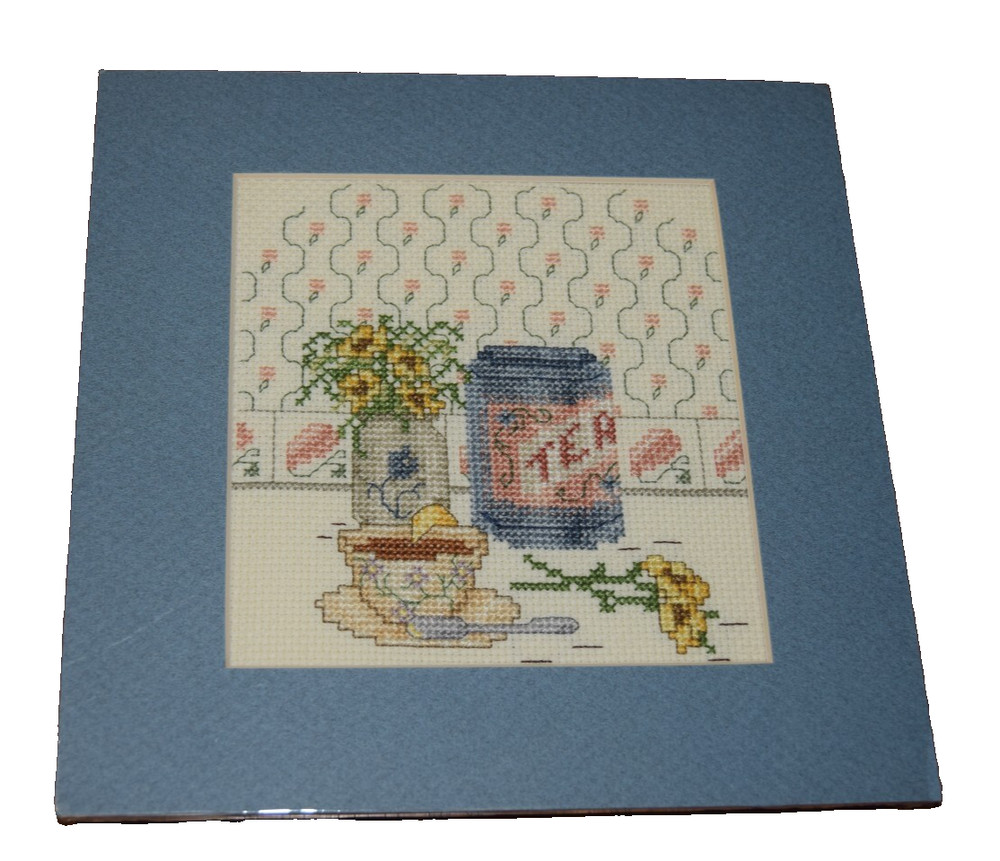 Finished Cross Stitch Matted Tea Time Floral 8" by 8"