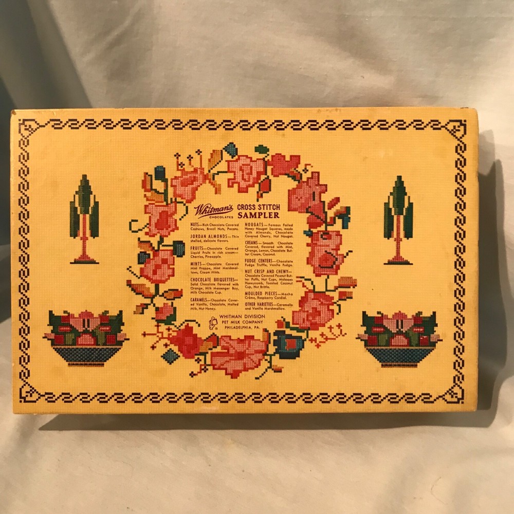 Whitman's Chocolates & Confections Cross Stitch Sampler Empty Hinged Box $11.99