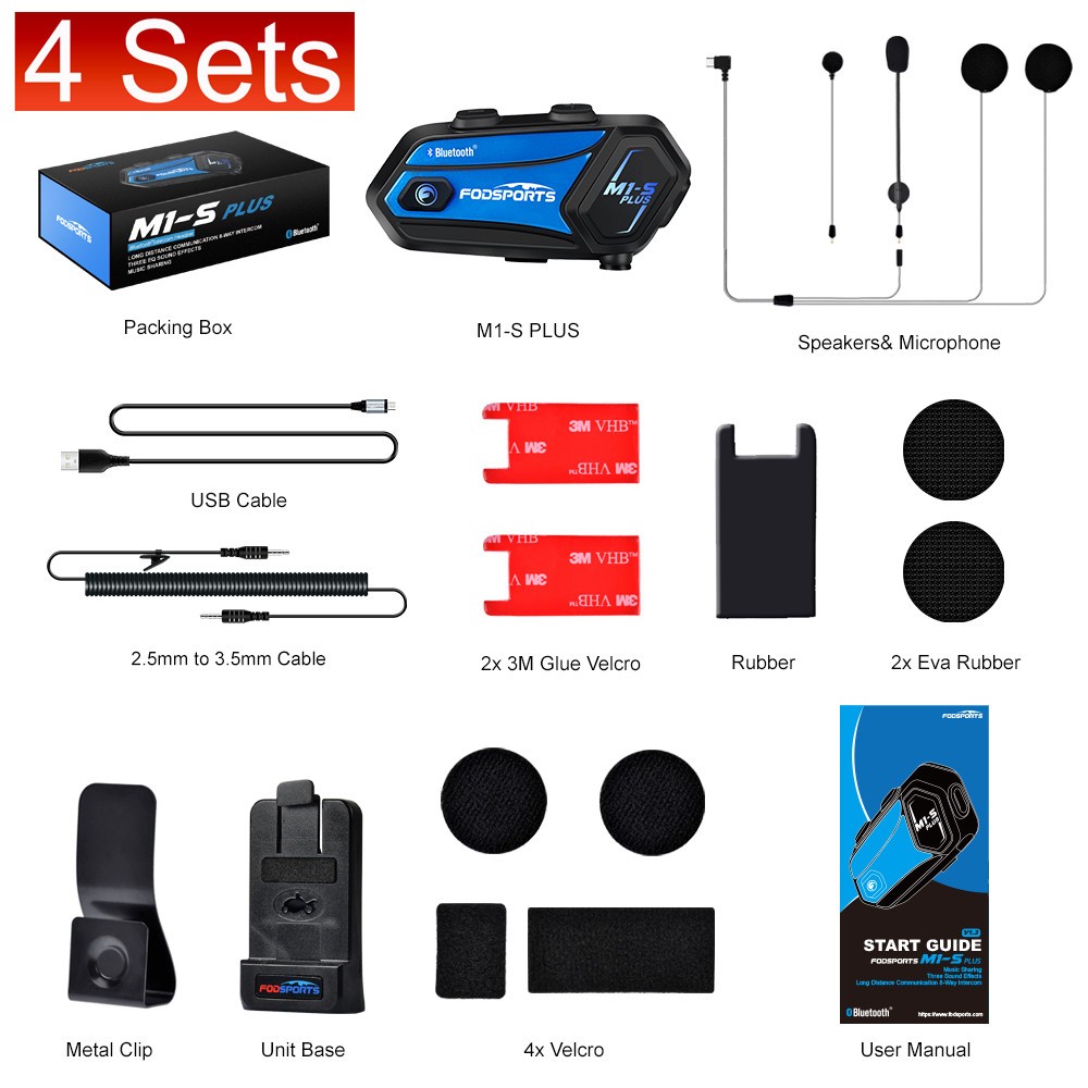 4x M1-S Plus Motorcycle Bluetooth Headset Helmet Intercom 2000m Communication FM