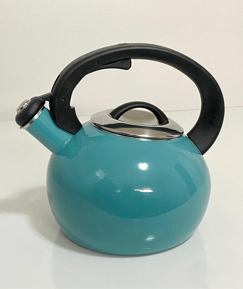Enamel-on-Steel Whistling Tea Kettle 2.3 Quart Anti-Hot Folding Handle Turquoise