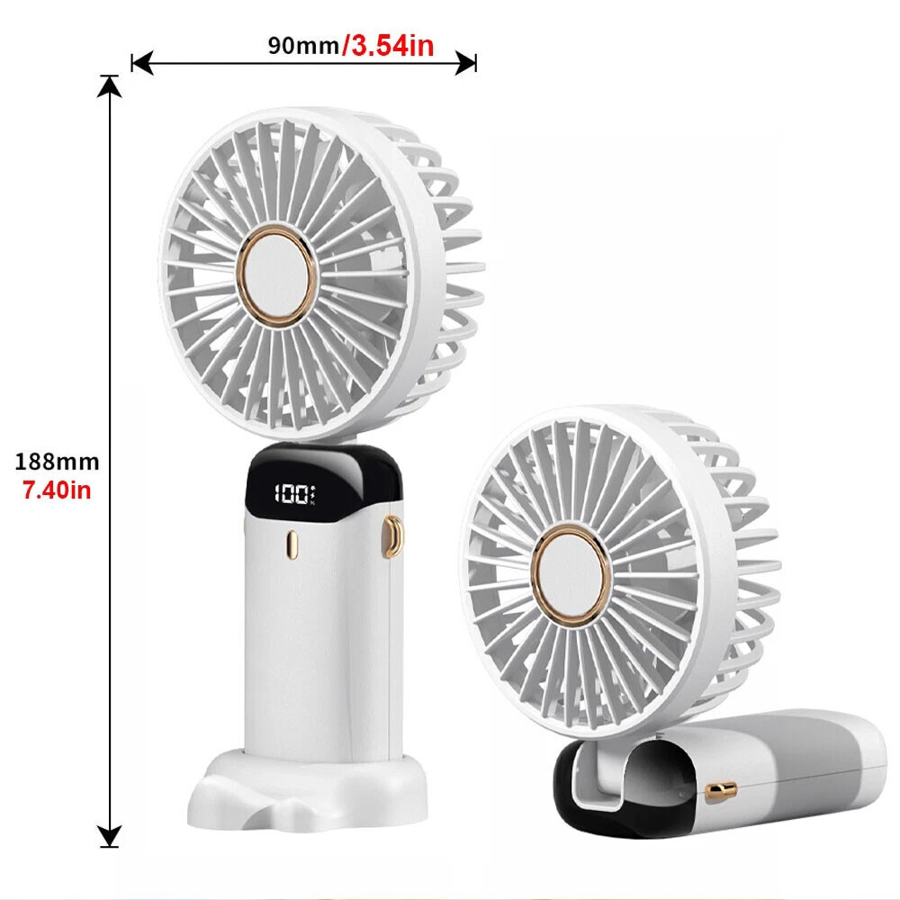 White Mini Handheld Fan USB Rechargeable Digital Display,5 Wind Modes,Foldable