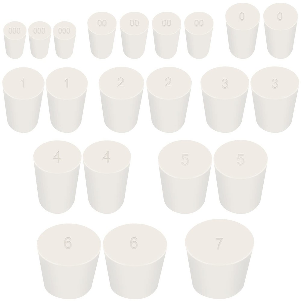29 Pcs White Rubber Stoppers 000#-7# 10 Assorted Sizes Solid Design