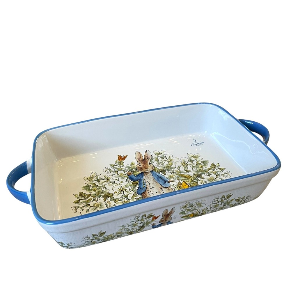 Beatrix Potter Peter Rabbit Rectangular Ceramic Baker Blue Rim Easter NEW