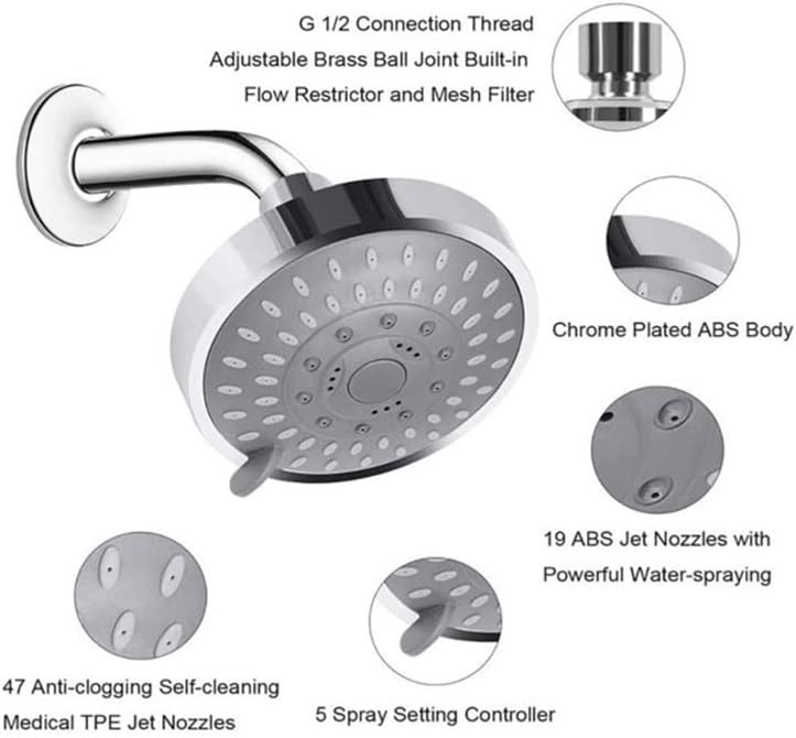 High Pressure Fixed Shower Head 5-Setting Rainfall Adjustable Wall Mount Chrome