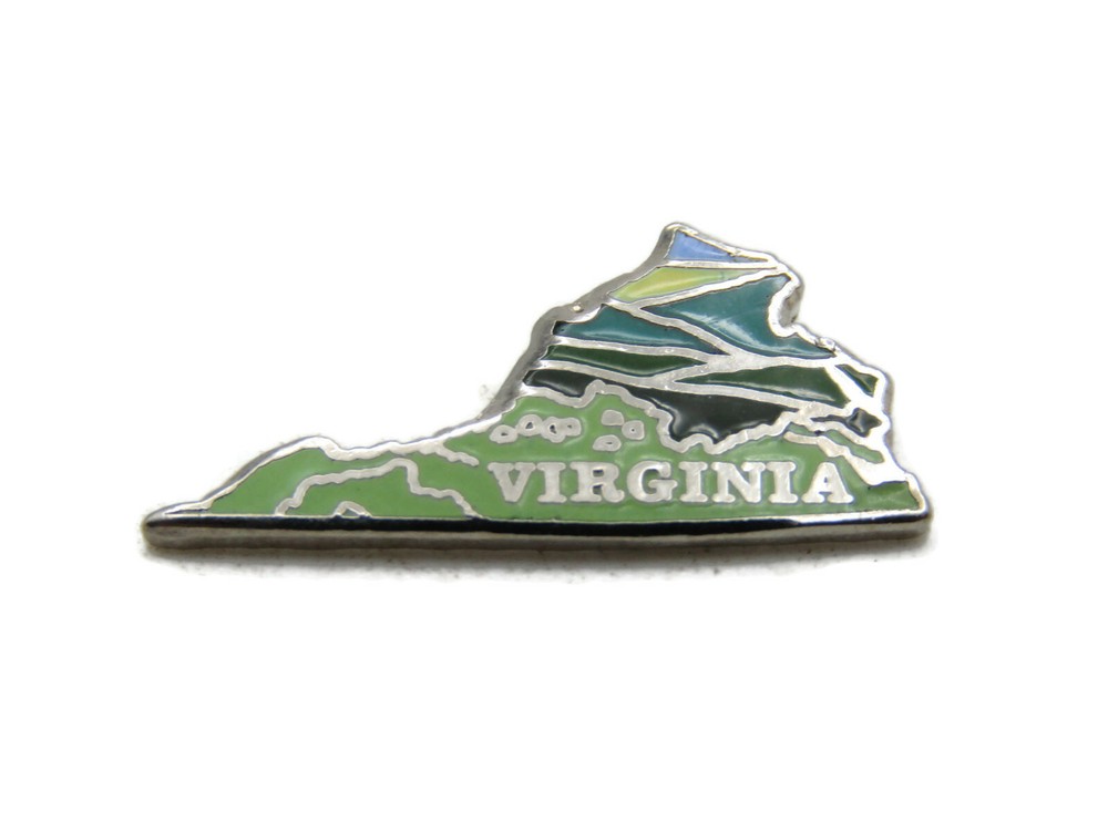 Virginia State Shape Map Lapel Pin Enamel Blue Ridge Mountains Scene Missing