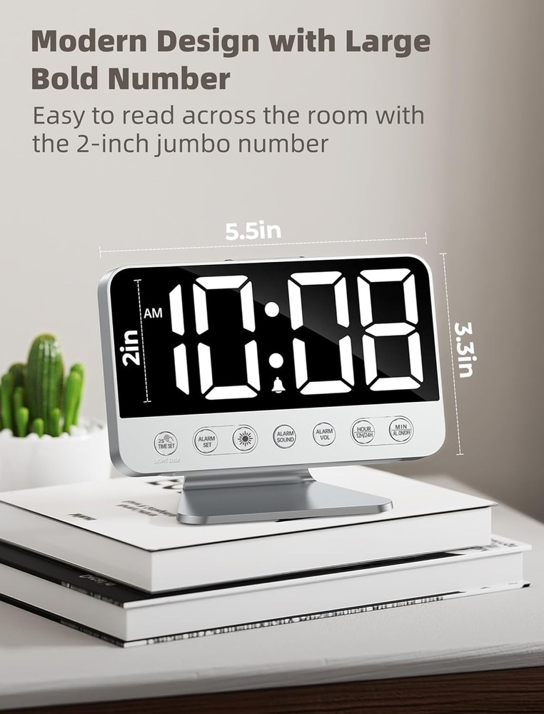 Easy-to-Read Digital Alarm Clock with USB Port & Adjustable Brightness - Silver