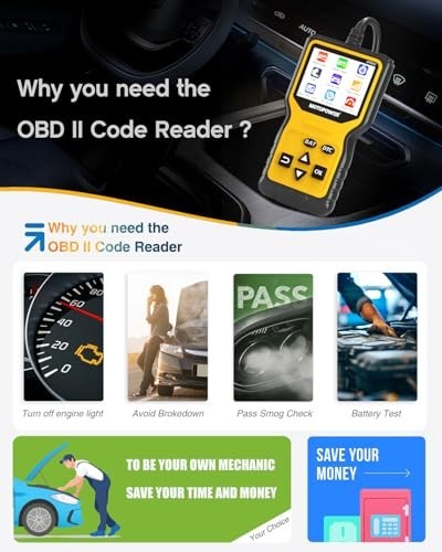 OBD2 Scanner Code Reader, Check Engine Light Diagnostic Tool & Battery Tester