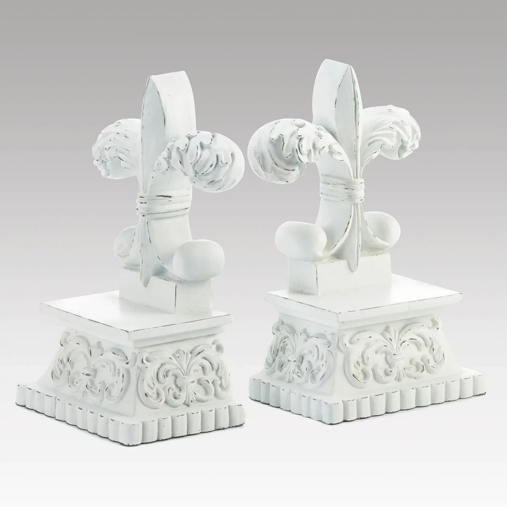 Distressed White Fleur-De-Lis Bookends Home Library Decor