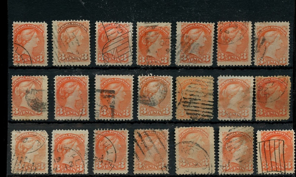 21 -- SMALL QUEEN 3 cent Various cancels, corks, used lot CAnada