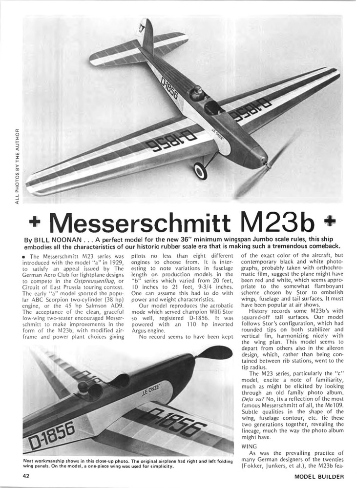 Model Airplane Plans (FF): Messerschmitt M23B 39" Span 1/12 Scale Rubber-Powered