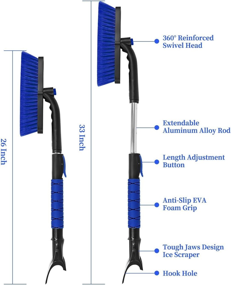 Lightweight Extendable Snow Brush & Ice Scraper with Tough Jaw Design - Blue