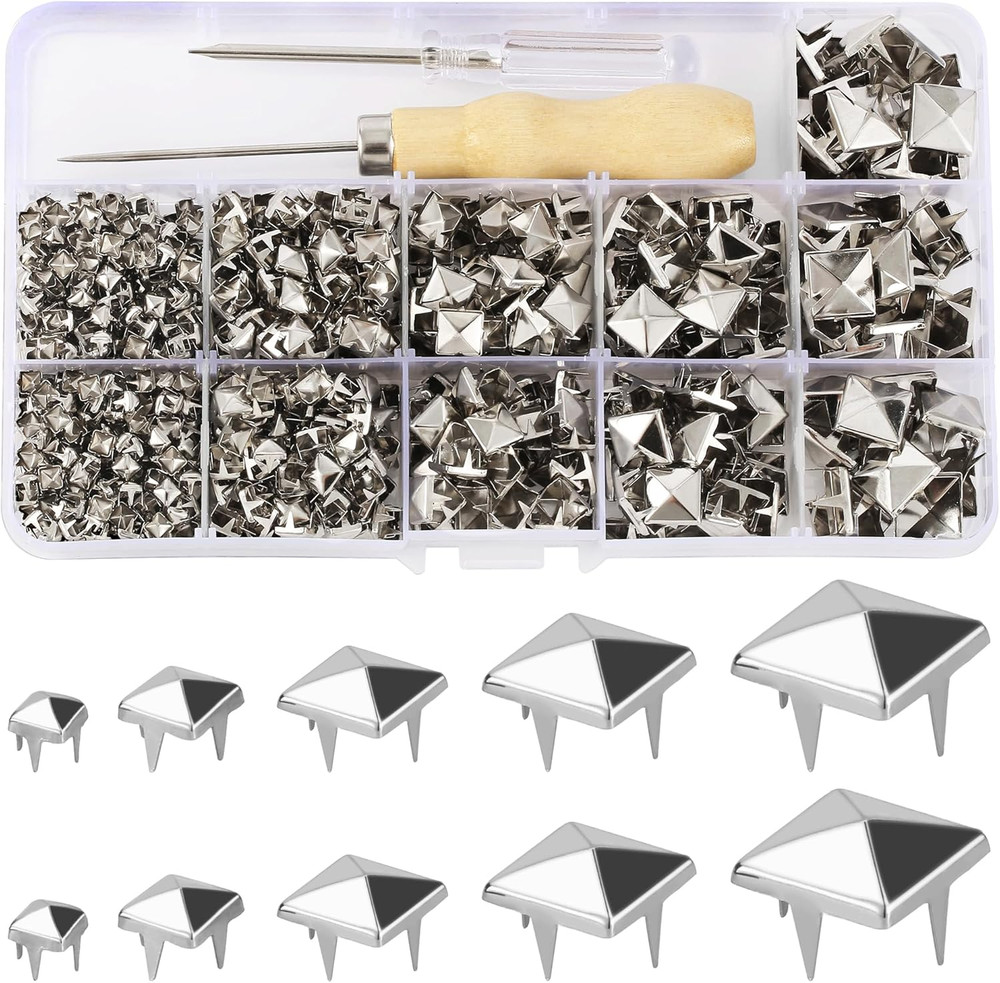 968 Pcs Assorted Sizes Square Pyramid Studs Prong Studs for Clothing Leather Riv