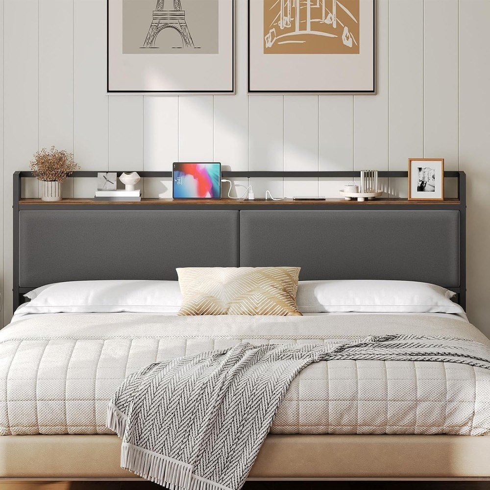 King Size Headboard, Upholstered Head Board with Charging Station, Headboard wit
