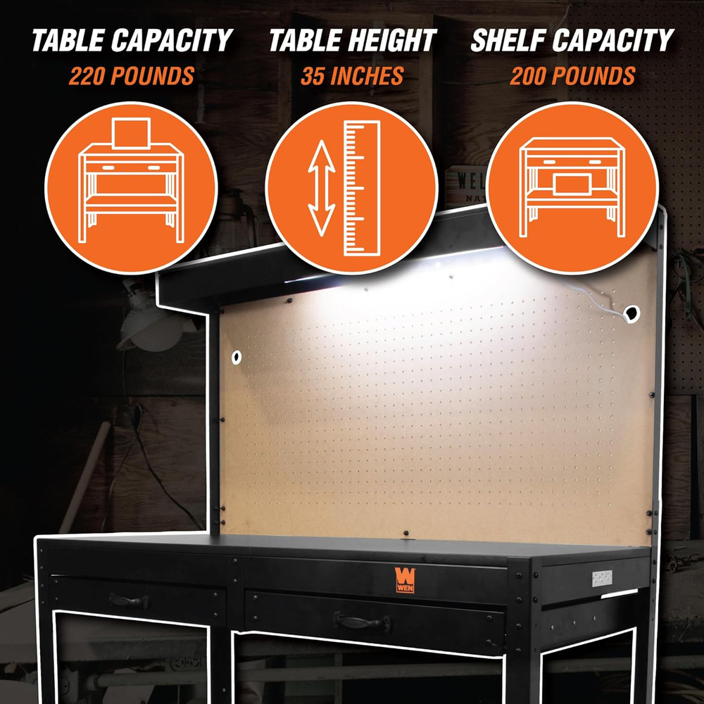 WB4723T 48-Inch Workbench with Power Outlets and Light, Black