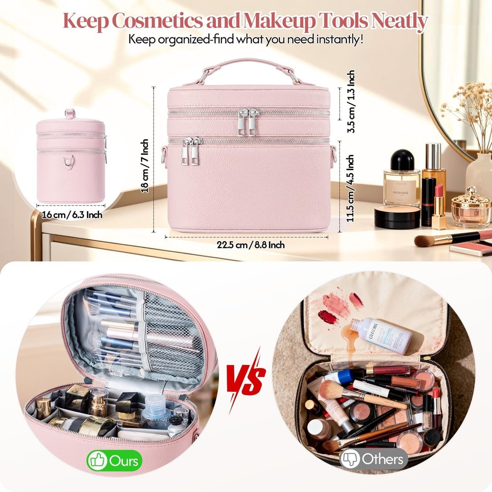 Leather Makeup Bag Organizer Double Layer Vanity Bag Large Capacity with Comp...