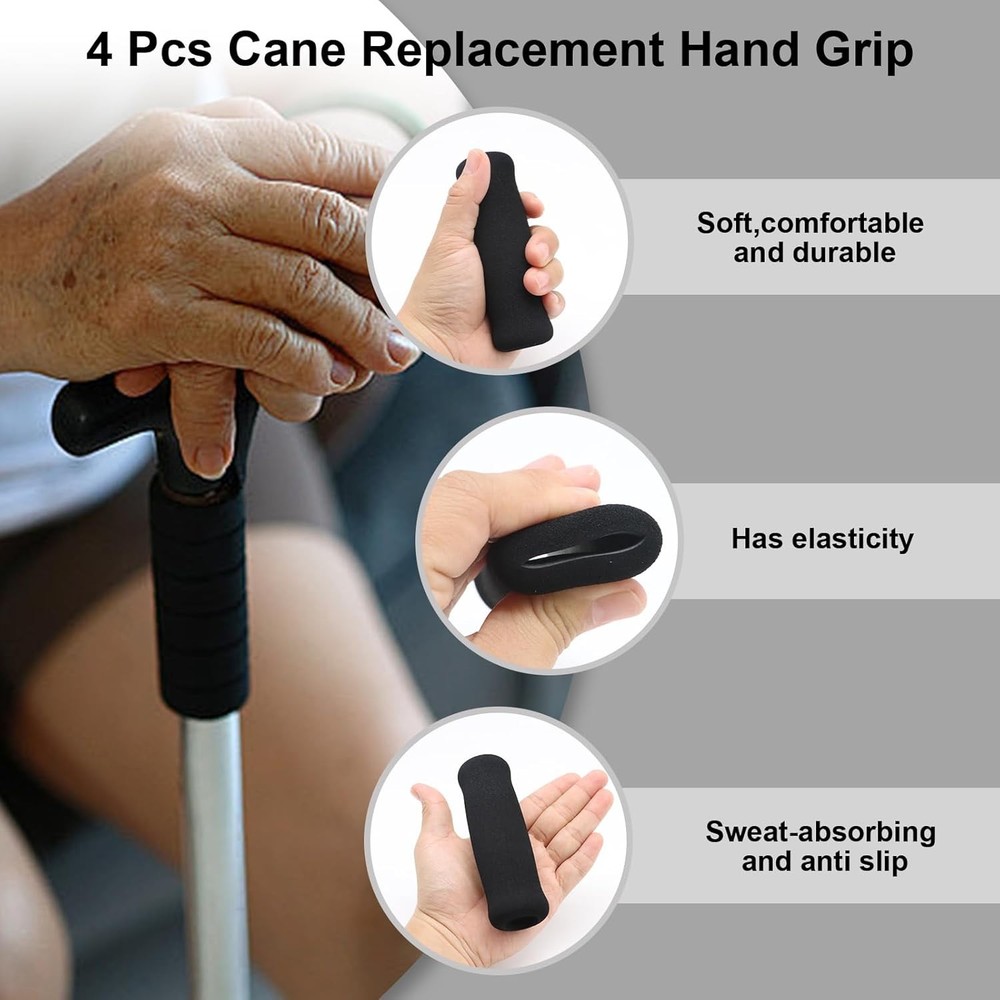 4Pcs Walking Cane Hand Grips - Black Foam Replacement for Offset 0.8,