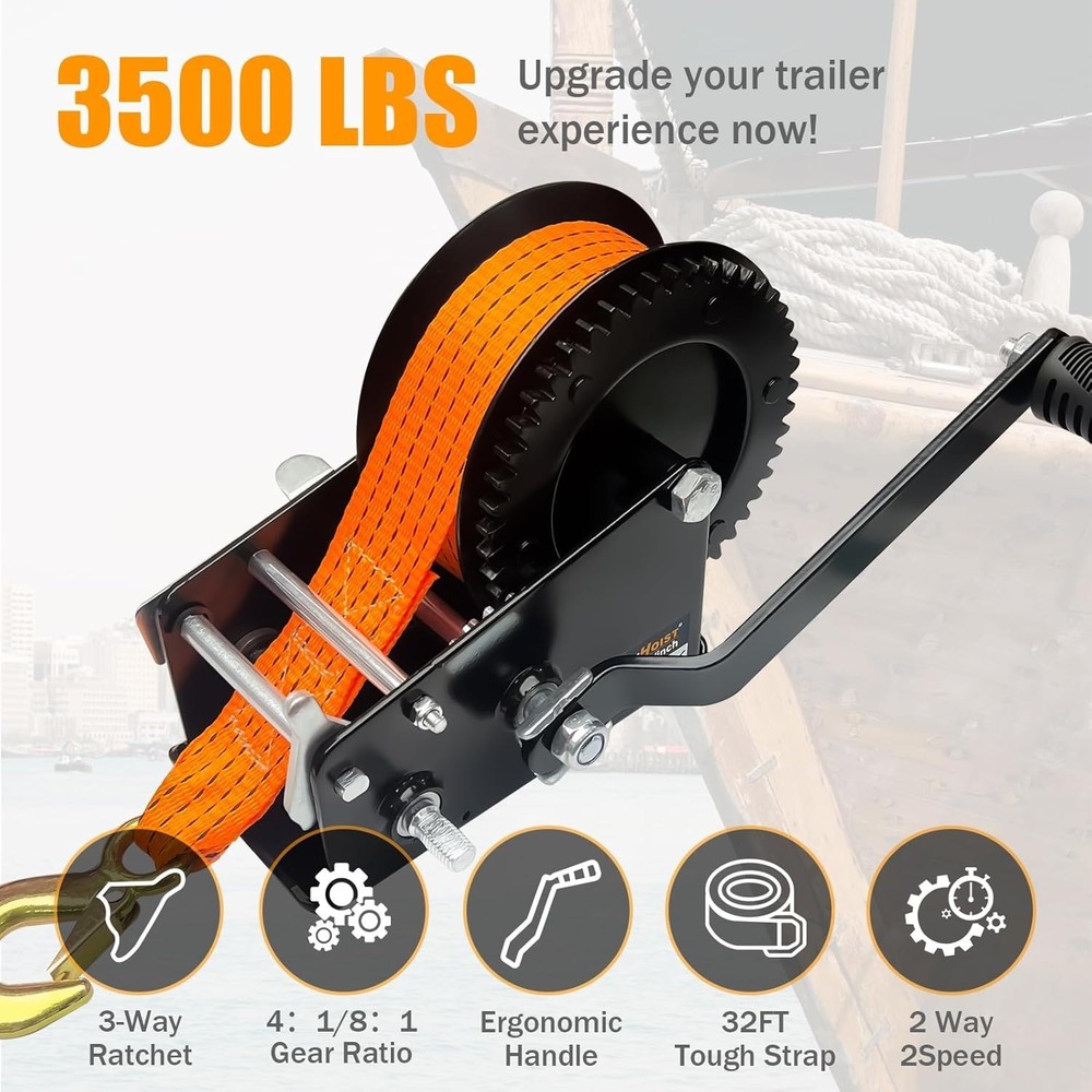 Boat Trailer Winch，Heavy Duty Hand Winch with Polyester Strap, 3500LBS
