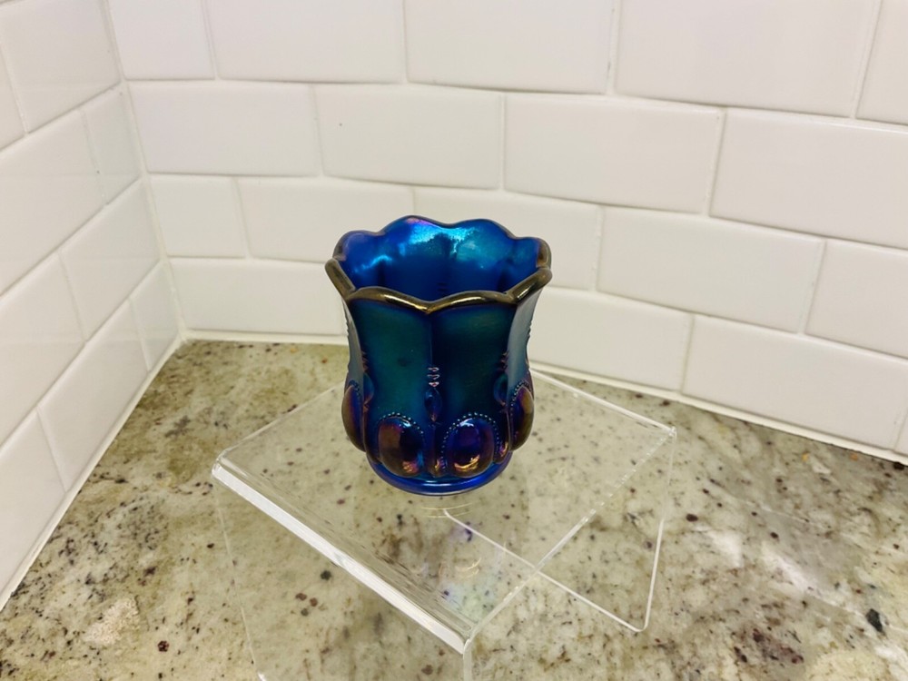 ROBERT Hansen Unsigned Electric Blue Carnival Glass Toothpick Holder