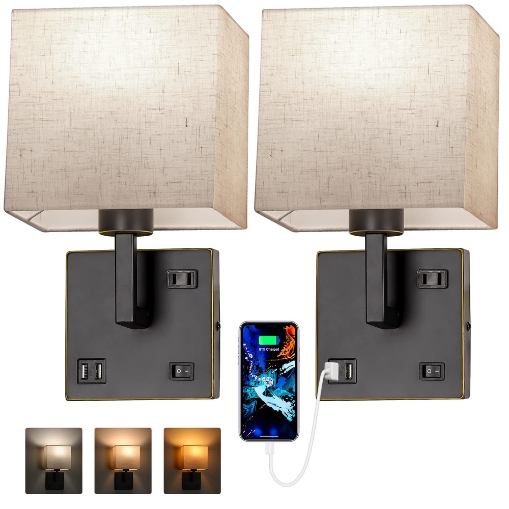 Wall Sconce Lighting, Bedside Wall Mount Light with USB Port, AC Outlet and 3...