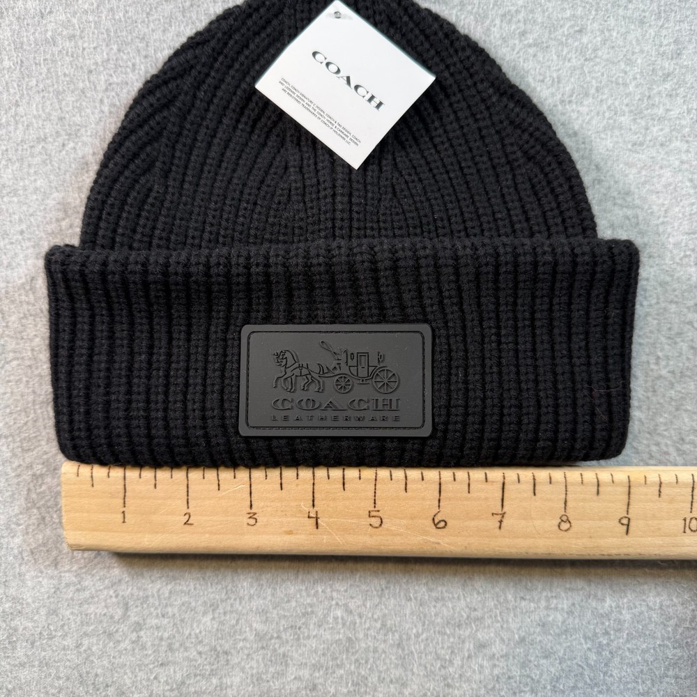Coach Black Wool Knit Beanie Hat Womens Logo Patch Classic Solid One Size NWT