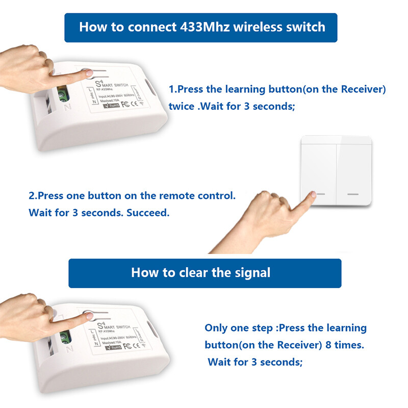 110V-220V Wireless RF Smart Switch Module + 433mhz Wall Panel Transmitter Remote