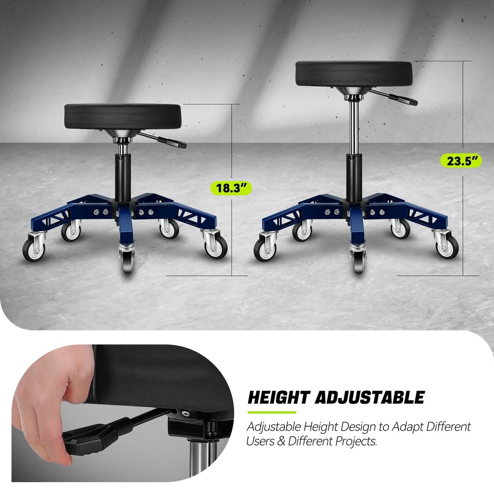 18.3-23.5" Adjustable 300lbs Mechanics Rolling Stool Work Shop Blue Tool Seat