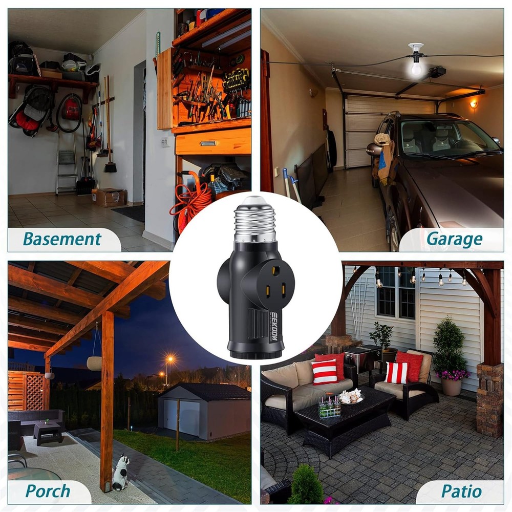 Black 3 Prong Light Socket Adapter with 2 Outlets E26 E27 Plug Converter