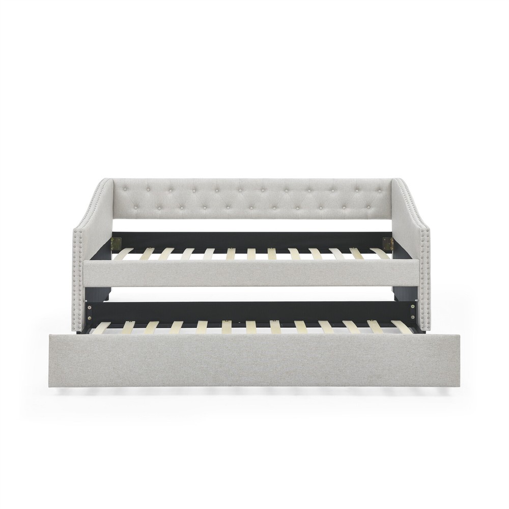 Twin/Full Size Daybed w/ Pull Out Trundle Bed Upholstered Bed Frame Sofa Bed
