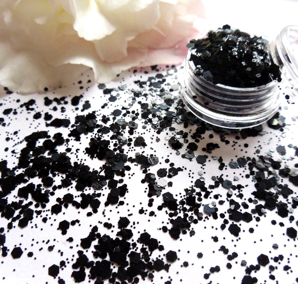 Nail Art Chunky *Jet* Midnight Solid Black Hexagon Glitter Spangles Mix 5ml Pot
