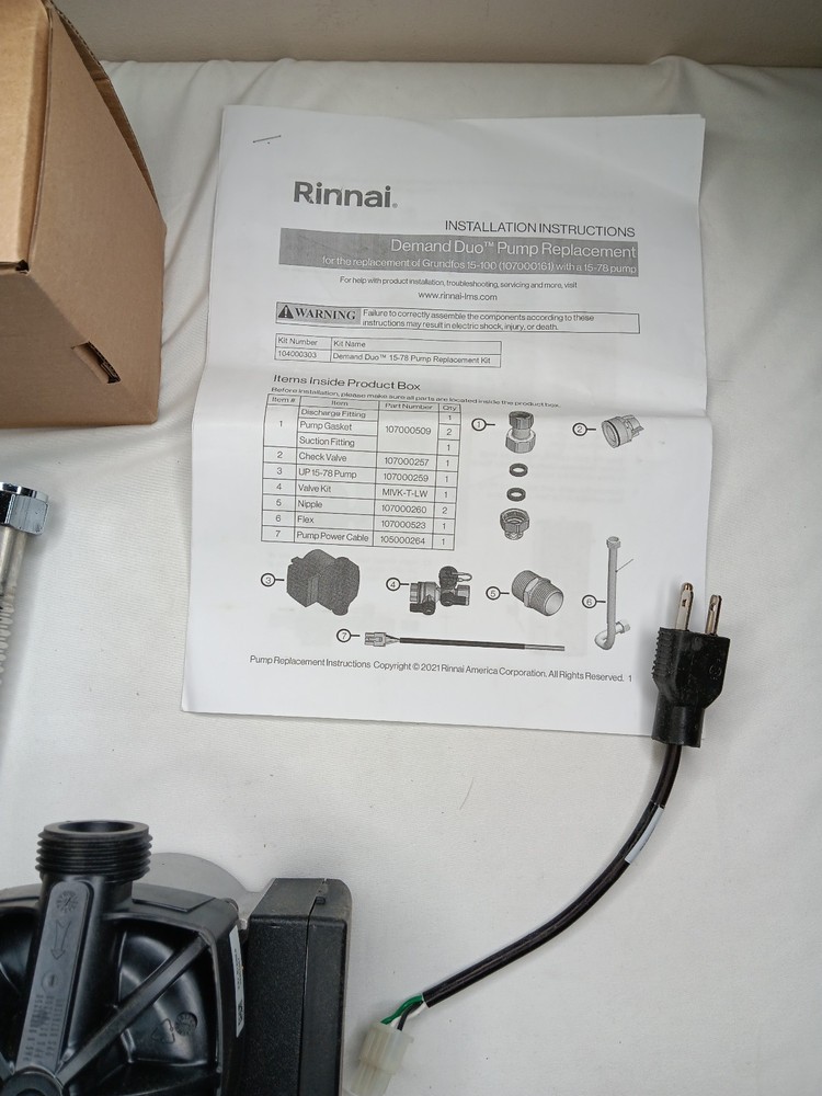 Rinnai 104000303 Demand Duo 15-78 Pump Replacement Kit *Wrong Box*