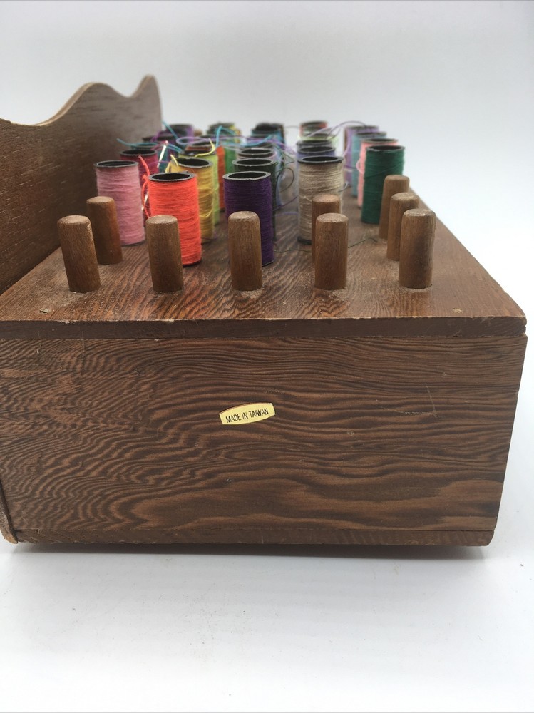 vtg wood thread bobbin organizer sewing kit storage