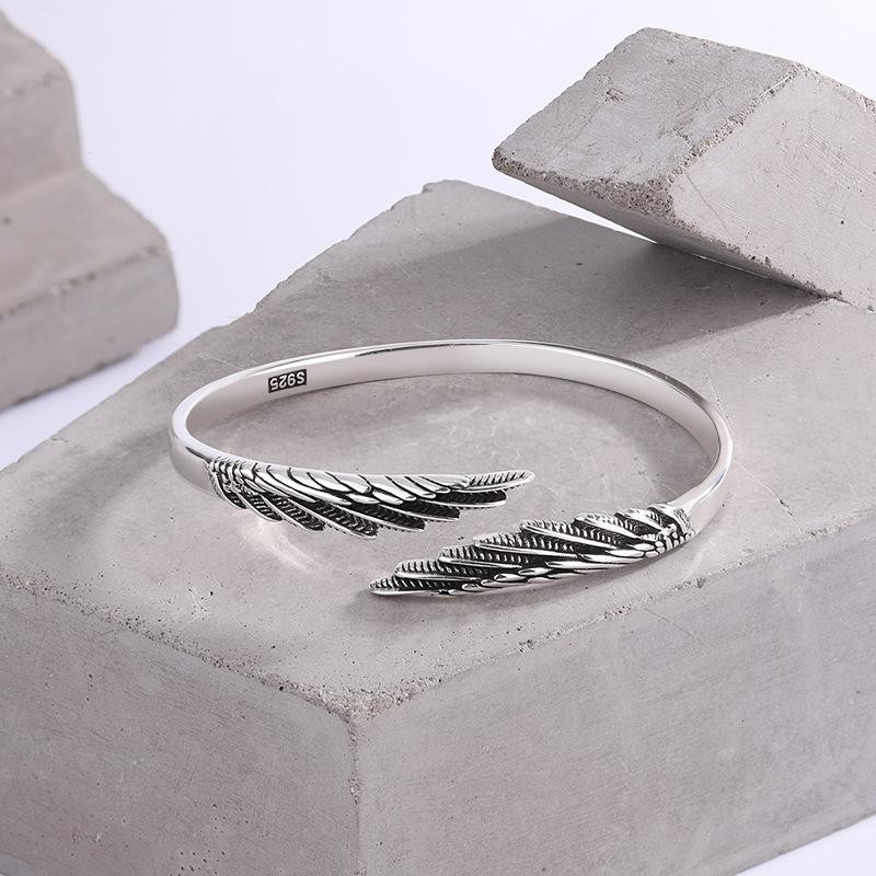 Bracelet Retro Thai Silver Feather Bangle 925 Sterling Silver Trendy Wing Open