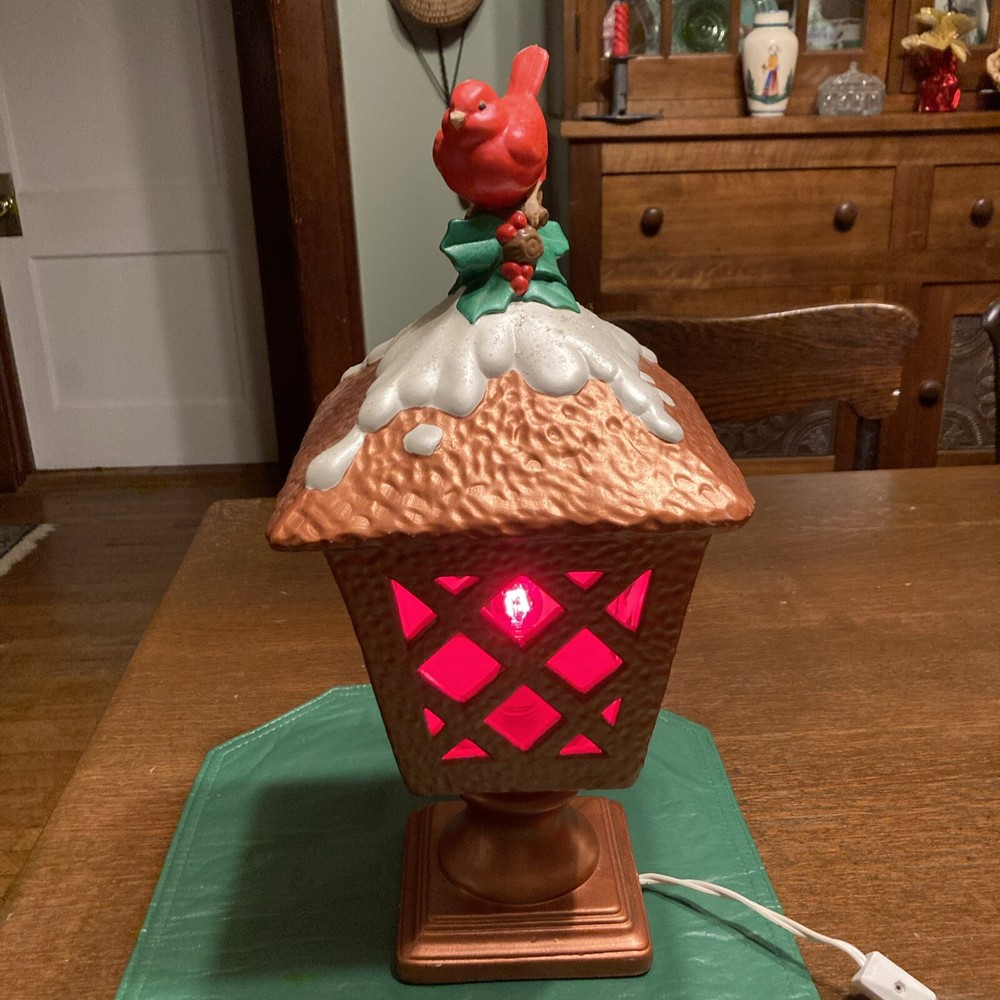 Christmas Ceramic Post Lantern With Snow And Red Bird Cardinal