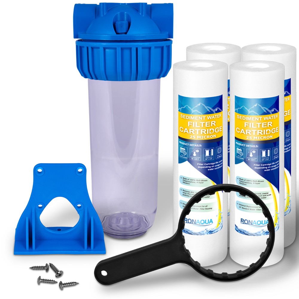 10" Clear Standard Whole House Water Filter System 4 Sediment 25 Micron Filters