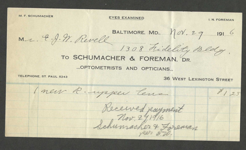 1916 Advertising Invoice Schumacher & Foreman Optometrists Opticians Baltimore