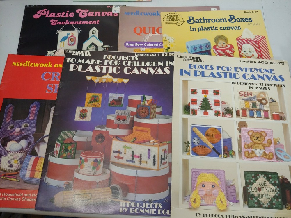 6 PLASTIC CANVAS leaflets MOBILE CHECKERS boxes picture frames tissue covers