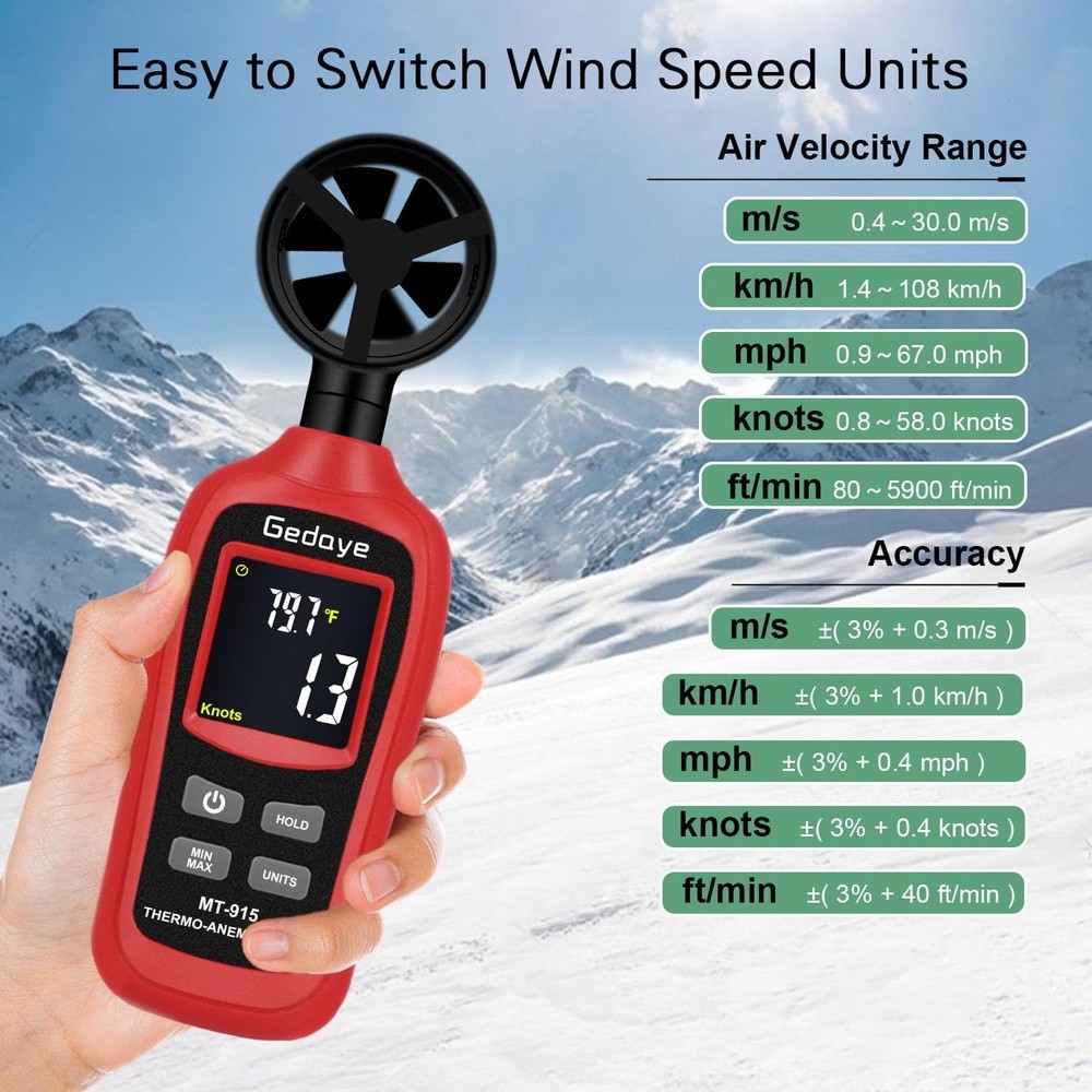 Digital Wind Speed Meter, Handheld Anemometer, Measure Wind Speed and Tempera...